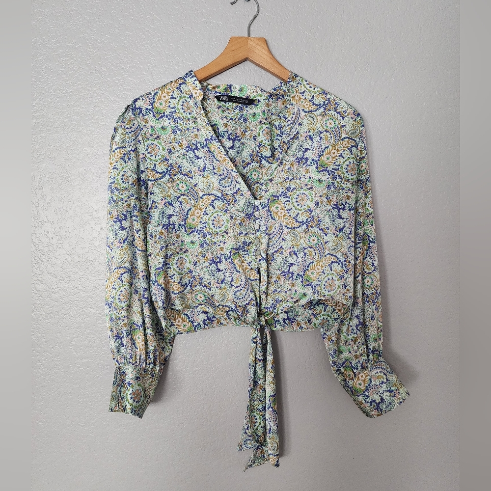 Zara Paisley Front Tie Satin Crop Top